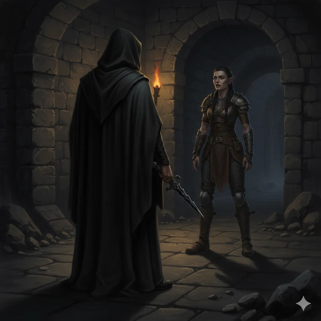 The Necrolyte of Nergal faces Riyou in a dark barrow passage, his certainty absolute, her dread recognition complete
