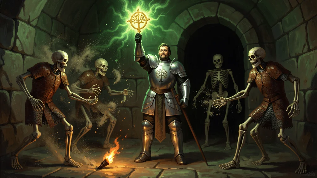 A human cleric in plate armor, Bancroft, stands with one arm raised holding aloft a holy symbol that blazes with green light in a dark stone barrow chamber. All around him skeletons are crumbling to powder and motes, their bones dissolving into nothing. A relit torch burns to one side. His face is set and plain, not triumphant -- a workman doing the work he is for.