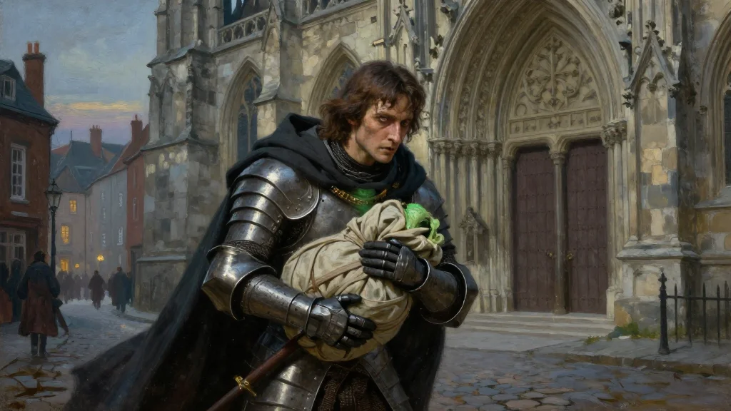 Bancroft in a town street, eyes glazed, half-drawing a wrapped mace, a great temple looming ahead.