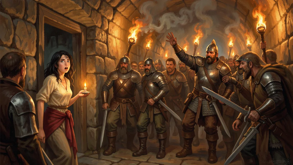 A noblewoman with a candle caught in a doorway by torchlit armed adventurers crowding the passage.