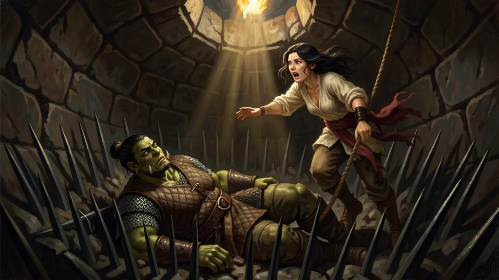 Irulan crumpled at the bottom of a spiked pit, a spike through her side, as Clarice climbs down a rope toward her in torchlight from above.